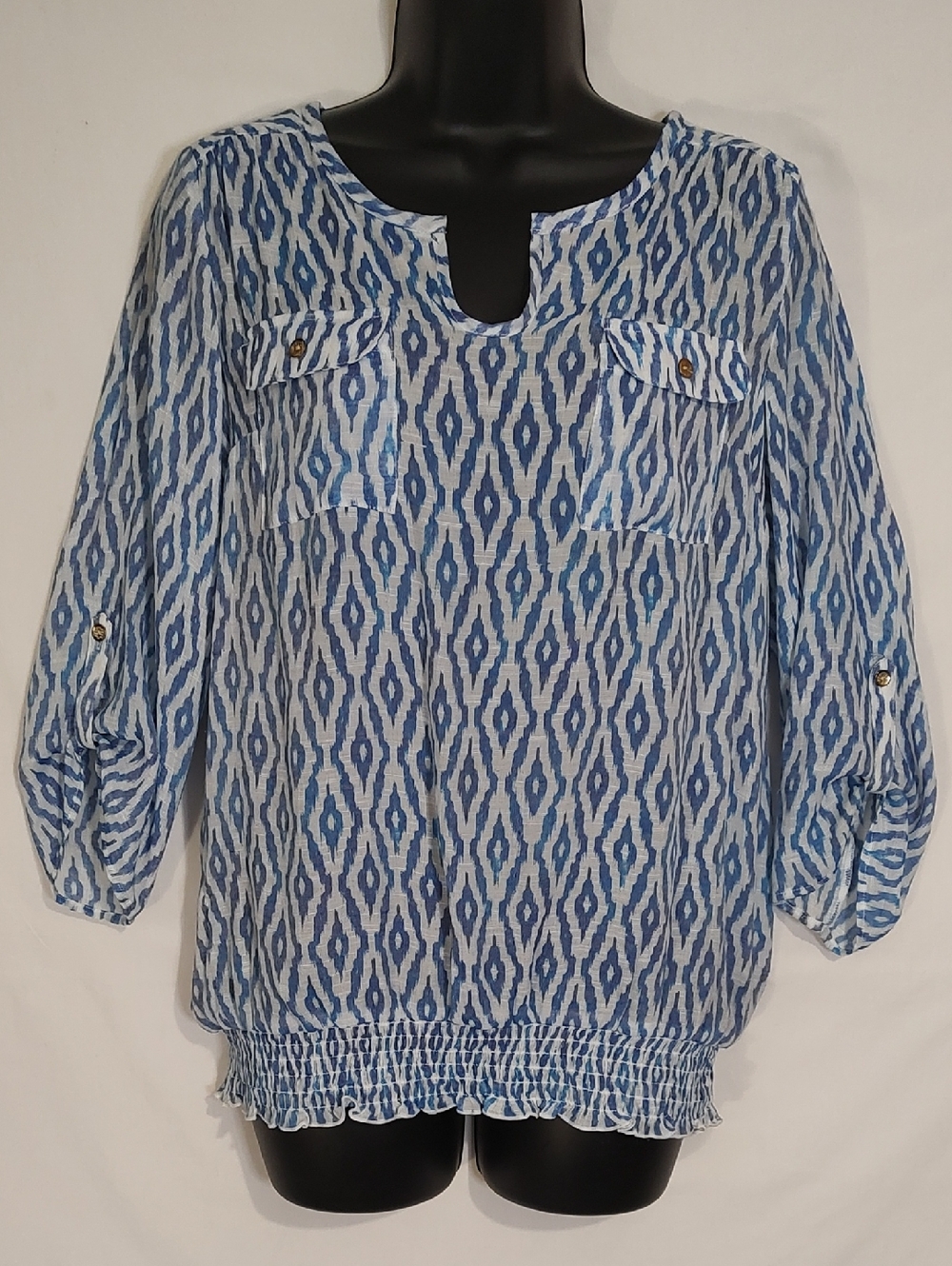 AGB Blue and White Ikat-Print Tunic Blouse